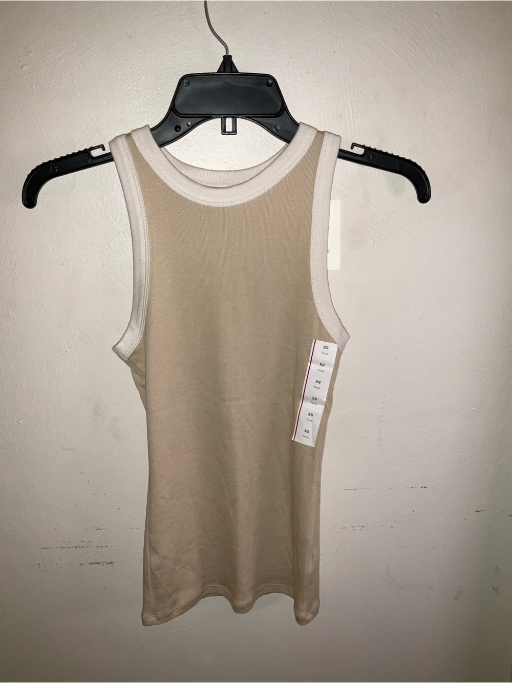 a new day Beige Tank Top with White Trim